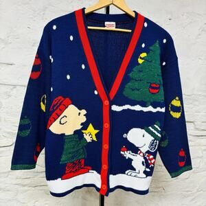 Vintage Snoopy & Friends Charlie Brown ‘Ugly’ Christmas Sweater Cardigan Peanuts
